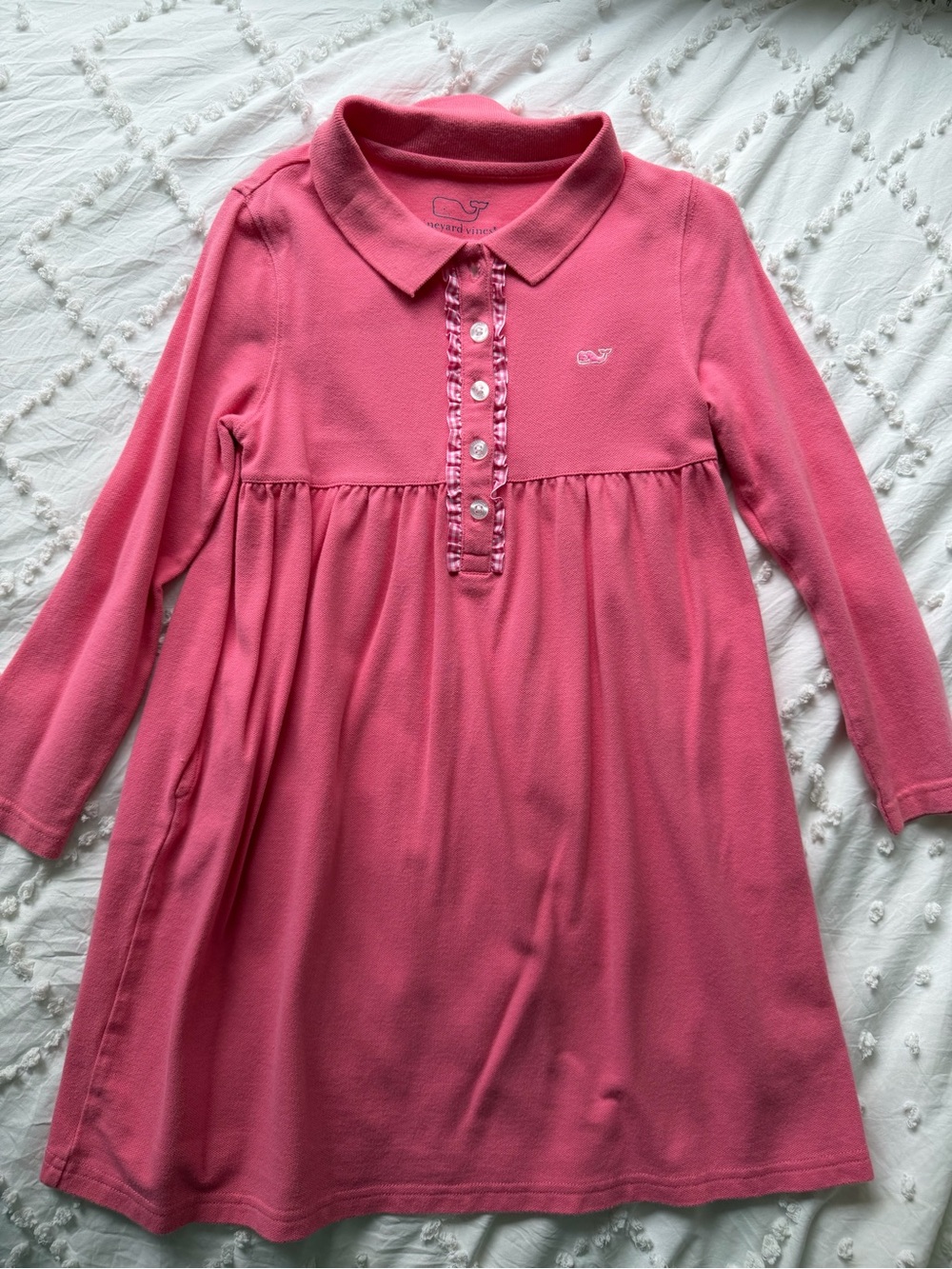 Vineyard Vines Girls Pink Long-Sleeve Polo Dress with Button Placket